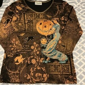 Cactus Bay Halloween Shirt Womens Large Pumpkins Black Cat Witches Bling